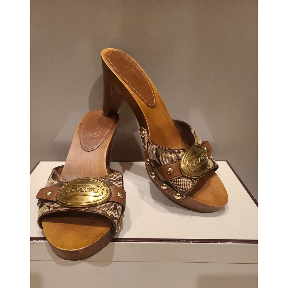 Coach Designer Y2K Addisyn Signature Wooden  Platform Mules Clogs Sandal Heel 7